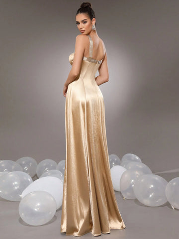 Modphy 2024 Fashion Sexy Glittery Rhinestone Criss-Cross Shoulder Straps Golden Elegant Ladies Bridesmaid Formal Evening Maxi Dress