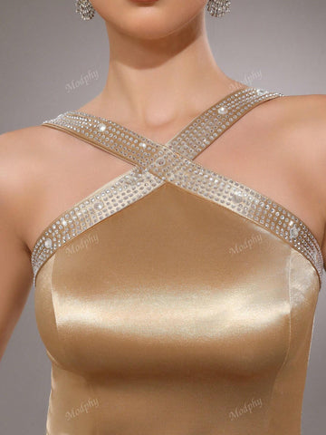 Modphy 2024 Fashion Sexy Glittery Rhinestone Criss-Cross Shoulder Straps Golden Elegant Ladies Bridesmaid Formal Evening Maxi Dress