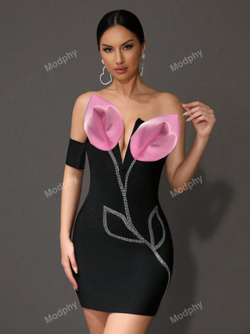 Modphy 2024 Flower Embellished Backless Bandage Elastic Sexy Mini Dress For Women, Summer