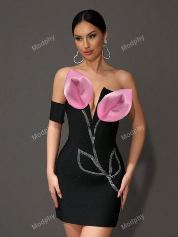 Modphy 2024 Flower Embellished Backless Bandage Elastic Sexy Mini Dress For Women, Summer