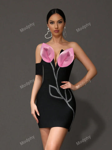 Modphy 2024 Flower Embellished Backless Bandage Elastic Sexy Mini Dress For Women, Summer