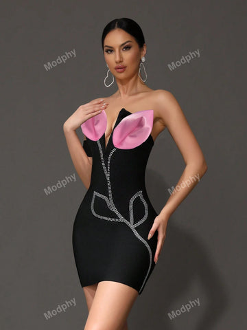 Modphy 2024 Flower Embellished Backless Bandage Elastic Sexy Mini Dress For Women, Summer