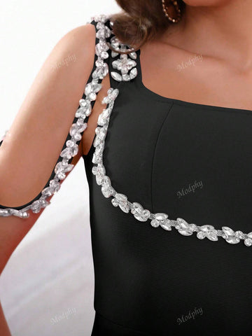 Modphy 2024 New Arrival Black Bandage Dress Elegant Diamond Spaghetti Strap Backless Bodycon Formal Long Party Gown For Women