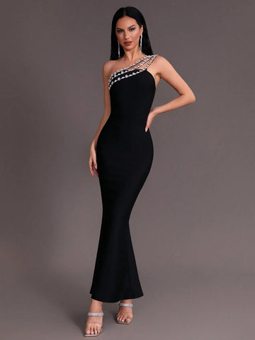 Modphy 2024 New Arrival One Shoulder Design Rhinestone Decoration Tight Fishtail Hem Bandage Elegant Formal Evening Dress