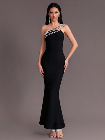 Modphy 2024 New Arrival One Shoulder Design Rhinestone Decoration Tight Fishtail Hem Bandage Elegant Formal Evening Dress
