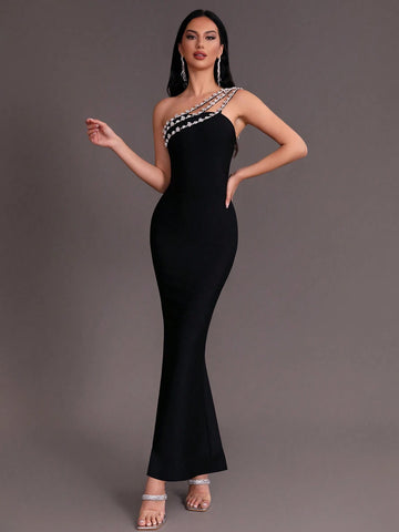 Modphy 2024 New Arrival One Shoulder Design Rhinestone Decoration Tight Fishtail Hem Bandage Elegant Formal Evening Dress