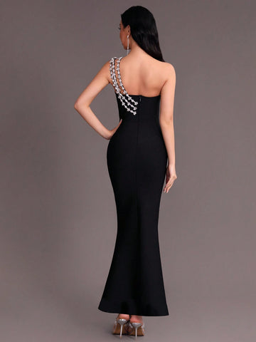 Modphy 2024 New Arrival One Shoulder Design Rhinestone Decoration Tight Fishtail Hem Bandage Elegant Formal Evening Dress