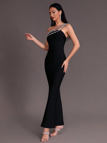 Modphy 2024 New Arrival One Shoulder Design Rhinestone Decoration Tight Fishtail Hem Bandage Elegant Formal Evening Dress