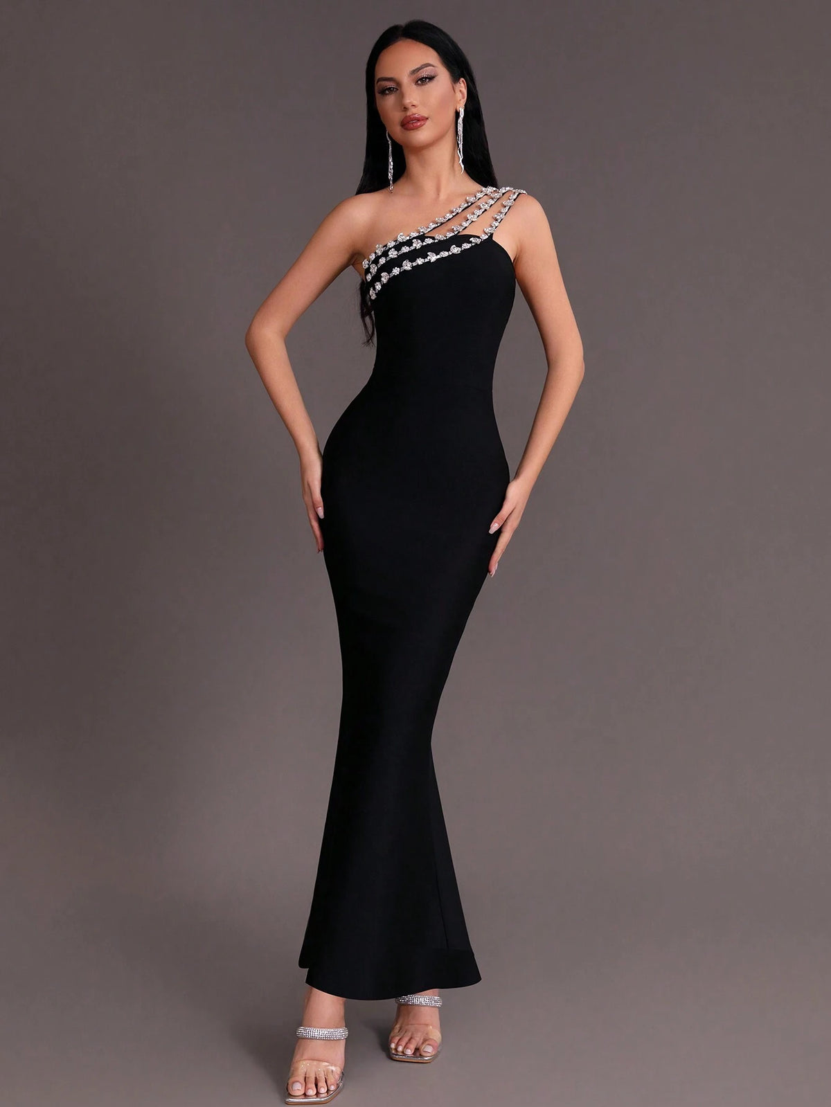 Modphy 2024 New Arrival One Shoulder Design Rhinestone Decoration Tight Fishtail Hem Bandage Elegant Formal Evening Dress