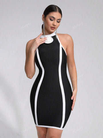 Modphy 2024 New Arrival Women Black Sleeveless Round Neck Black&White Patchwork Bandage Mini Club Party Dress