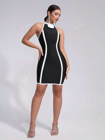 Modphy 2024 New Arrival Women Black Sleeveless Round Neck Black&White Patchwork Bandage Mini Club Party Dress