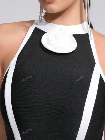 Modphy 2024 New Arrival Women Black Sleeveless Round Neck Black&White Patchwork Bandage Mini Club Party Dress