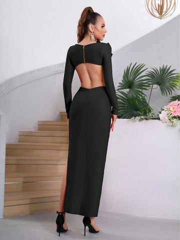 Modphy 2024 New Arrival Women Sexy Backless Bow Decoration High Slit Long Sleeve Bandage Evening Dress For Wedding & Cocktail Party