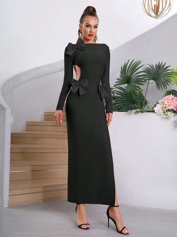 Modphy 2024 New Arrival Women Sexy Backless Bow Decoration High Slit Long Sleeve Bandage Evening Dress For Wedding & Cocktail Party