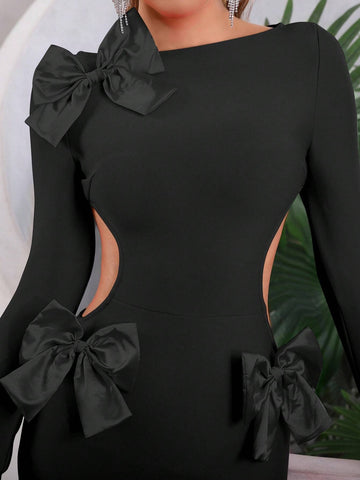 Modphy 2024 New Arrival Women Sexy Backless Bow Decoration High Slit Long Sleeve Bandage Evening Dress For Wedding & Cocktail Party