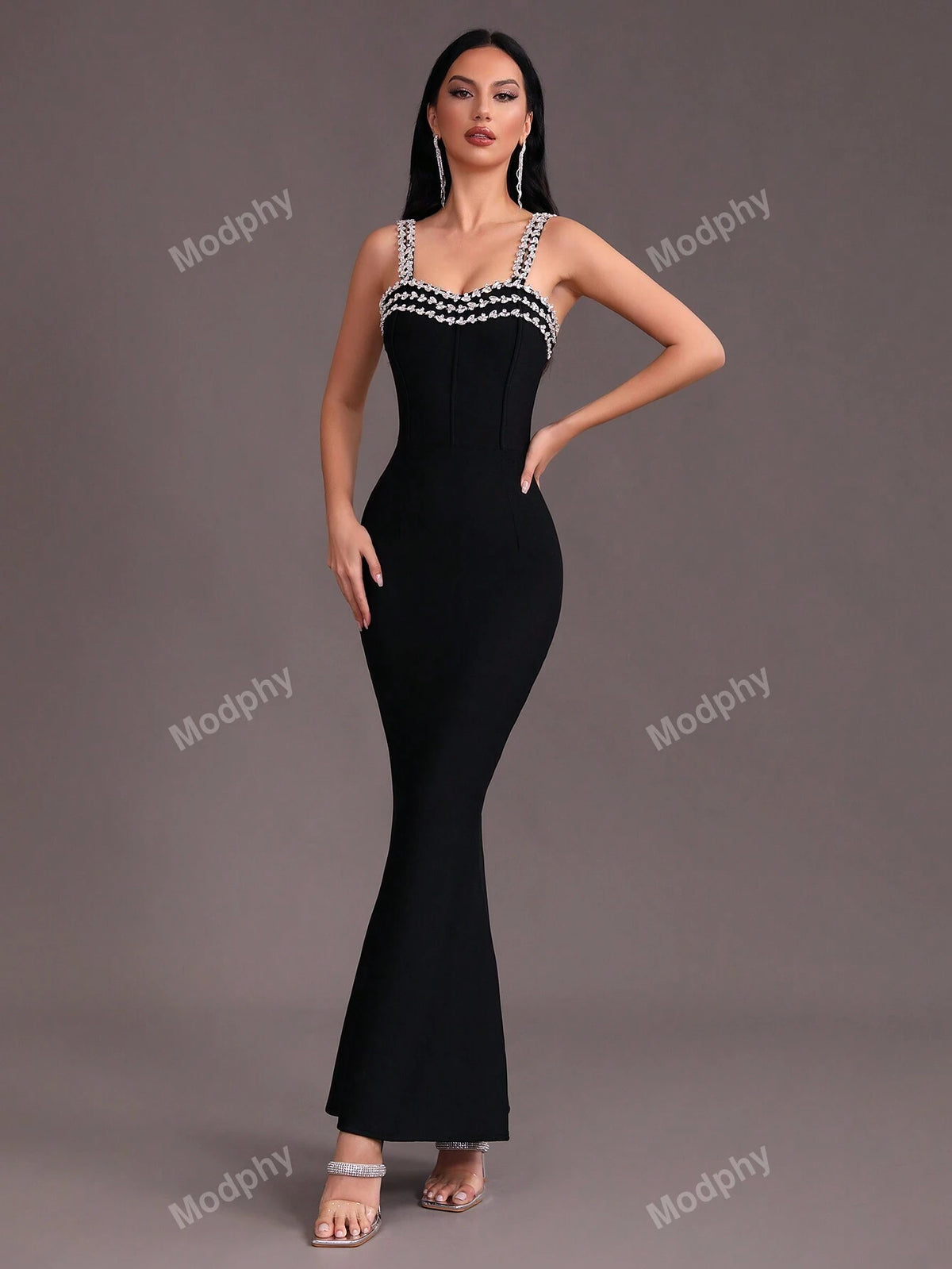 Modphy 2024 New Arrival Women's Sexy Off-Shoulder Crystal Decorated Bodycon Maxi Bandage Dress With Mermaid Hem For Formal Events