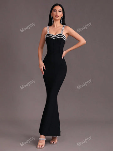 Modphy 2024 New Arrival Women's Sexy Off-Shoulder Crystal Decorated Bodycon Maxi Bandage Dress With Mermaid Hem For Formal Events