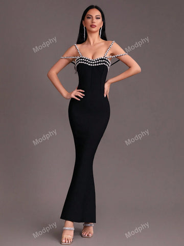 Modphy 2024 New Arrival Women's Sexy Off-Shoulder Crystal Decorated Bodycon Maxi Bandage Dress With Mermaid Hem For Formal Events