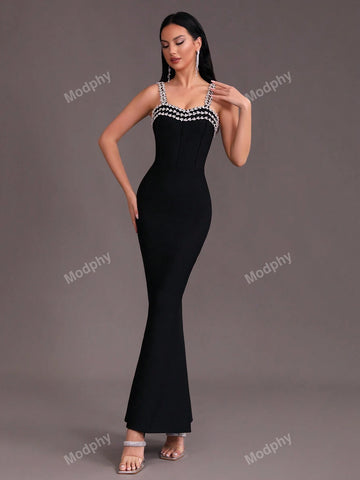 Modphy 2024 New Arrival Women's Sexy Off-Shoulder Crystal Decorated Bodycon Maxi Bandage Dress With Mermaid Hem For Formal Events