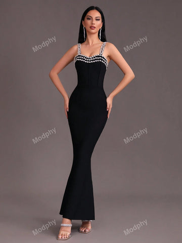 Modphy 2024 New Arrival Women's Sexy Off-Shoulder Crystal Decorated Bodycon Maxi Bandage Dress With Mermaid Hem For Formal Events