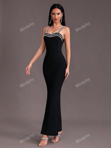 Modphy 2024 New Arrival Women's Sexy Off-Shoulder Crystal Decorated Bodycon Maxi Bandage Dress With Mermaid Hem For Formal Events
