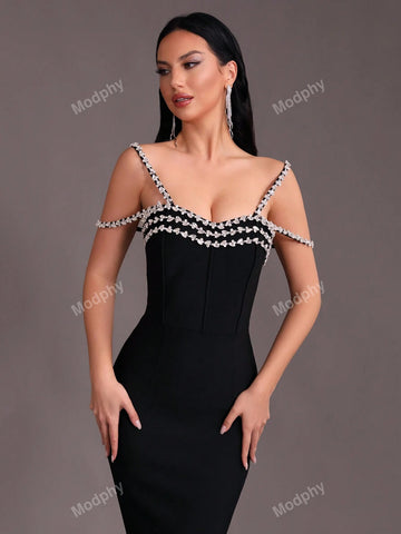 Modphy 2024 New Arrival Women's Sexy Off-Shoulder Crystal Decorated Bodycon Maxi Bandage Dress With Mermaid Hem For Formal Events