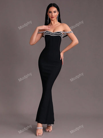 Modphy 2024 New Arrival Women's Sexy Off-Shoulder Crystal Decorated Bodycon Maxi Bandage Dress With Mermaid Hem For Formal Events
