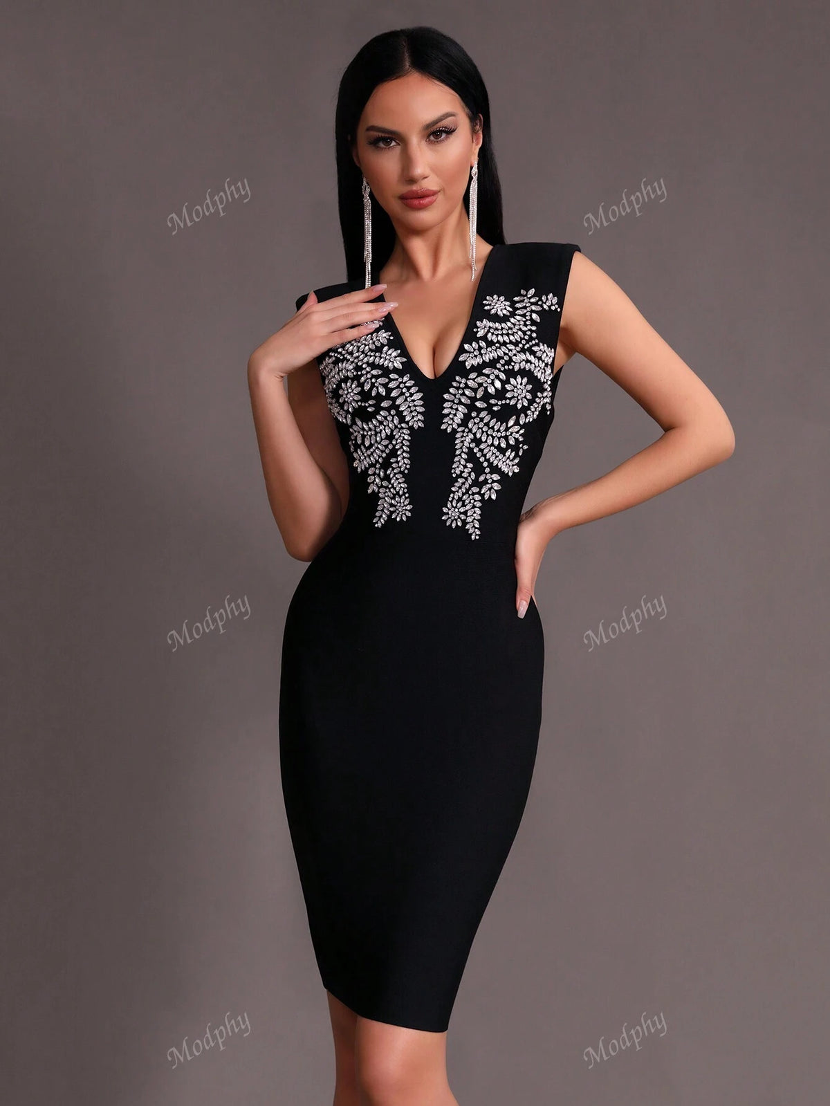 Modphy 2024 New Black Sexy Sleeveless V-Neck Rhinestone Bandage Midi Dress, Fashion Women's Club Party Evening Gown