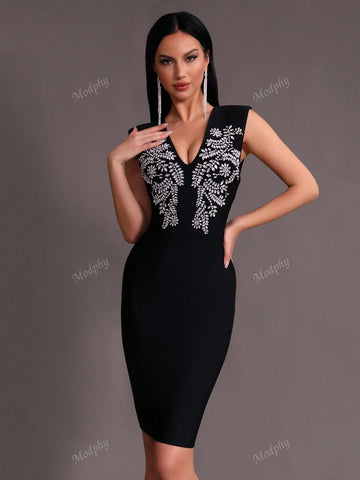 Modphy 2024 New Black Sexy Sleeveless V-Neck Rhinestone Bandage Midi Dress, Fashion Women's Club Party Evening Gown