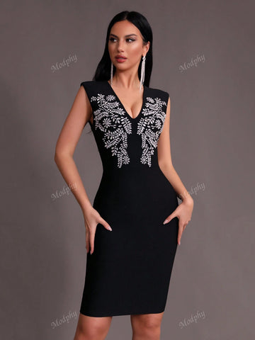 Modphy 2024 New Black Sexy Sleeveless V-Neck Rhinestone Bandage Midi Dress, Fashion Women's Club Party Evening Gown