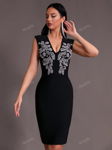 Modphy 2024 New Black Sexy Sleeveless V-Neck Rhinestone Bandage Midi Dress, Fashion Women's Club Party Evening Gown