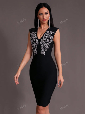 Modphy 2024 New Black Sexy Sleeveless V-Neck Rhinestone Bandage Midi Dress, Fashion Women's Club Party Evening Gown
