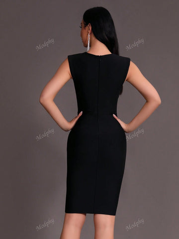 Modphy 2024 New Black Sexy Sleeveless V-Neck Rhinestone Bandage Midi Dress, Fashion Women's Club Party Evening Gown