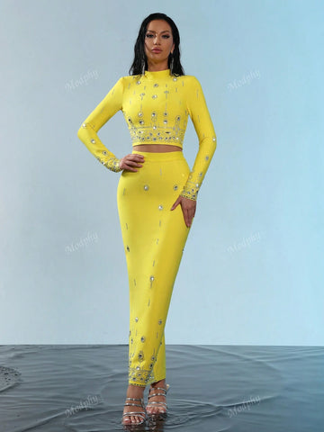 Modphy 2024 New Fashion Heavy Beaded & Rhinestone Short-Sleeved Top And Bandage Long Skirt Set, 2pcs