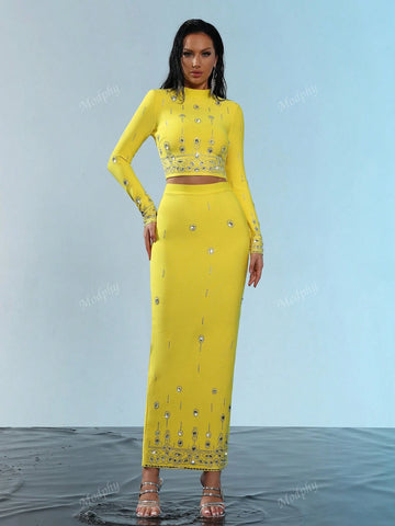 Modphy 2024 New Fashion Heavy Beaded & Rhinestone Short-Sleeved Top And Bandage Long Skirt Set, 2pcs