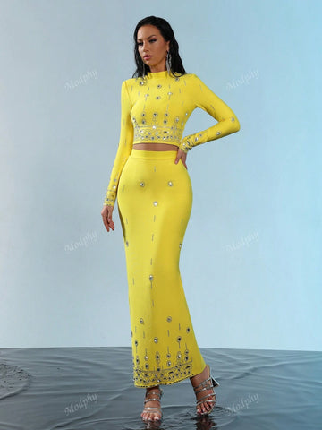 Modphy 2024 New Fashion Heavy Beaded & Rhinestone Short-Sleeved Top And Bandage Long Skirt Set, 2pcs