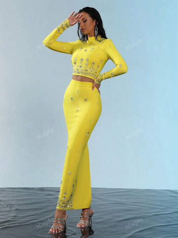 Modphy 2024 New Fashion Heavy Beaded & Rhinestone Short-Sleeved Top And Bandage Long Skirt Set, 2pcs