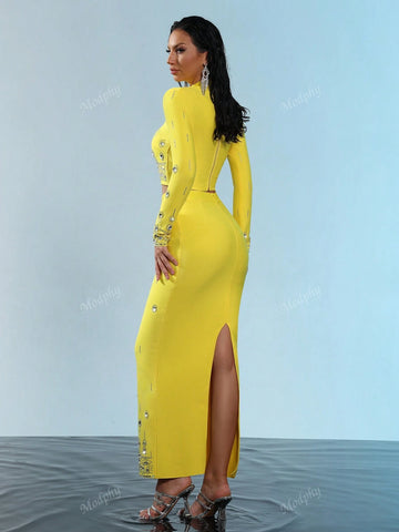 Modphy 2024 New Fashion Heavy Beaded & Rhinestone Short-Sleeved Top And Bandage Long Skirt Set, 2pcs