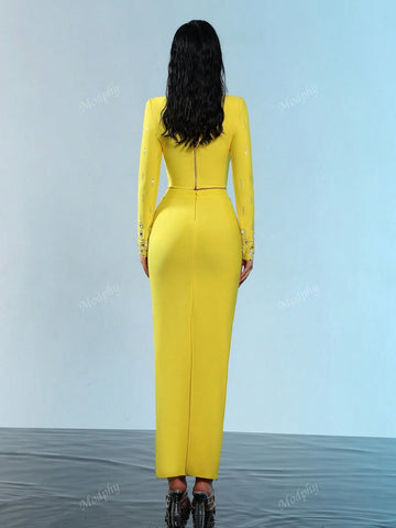 Modphy 2024 New Fashion Heavy Beaded & Rhinestone Short-Sleeved Top And Bandage Long Skirt Set, 2pcs