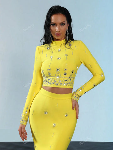 Modphy 2024 New Fashion Heavy Beaded & Rhinestone Short-Sleeved Top And Bandage Long Skirt Set, 2pcs