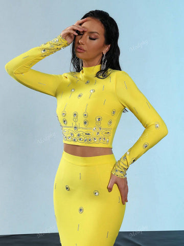 Modphy 2024 New Fashion Heavy Beaded & Rhinestone Short-Sleeved Top And Bandage Long Skirt Set, 2pcs