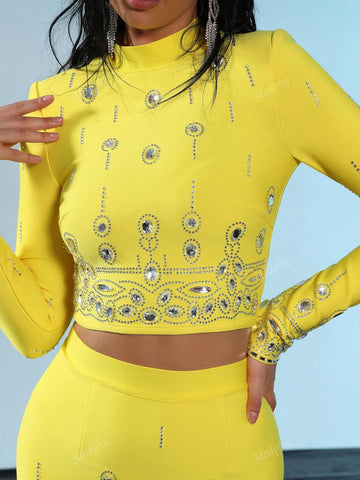 Modphy 2024 New Fashion Heavy Beaded & Rhinestone Short-Sleeved Top And Bandage Long Skirt Set, 2pcs