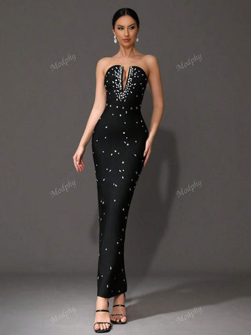 Modphy 2024 New Heavily Embellished Strapless Bandage Long Bodycon Dress, Sexy Backless Party Cocktail Evening Gown For Women