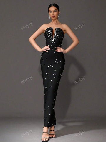 Modphy 2024 New Heavily Embellished Strapless Bandage Long Bodycon Dress, Sexy Backless Party Cocktail Evening Gown For Women