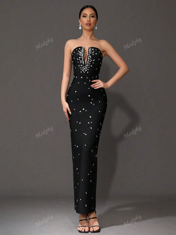 Modphy 2024 New Heavily Embellished Strapless Bandage Long Bodycon Dress, Sexy Backless Party Cocktail Evening Gown For Women