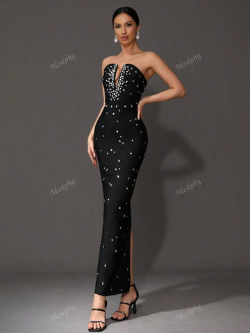 Modphy 2024 New Heavily Embellished Strapless Bandage Long Bodycon Dress, Sexy Backless Party Cocktail Evening Gown For Women