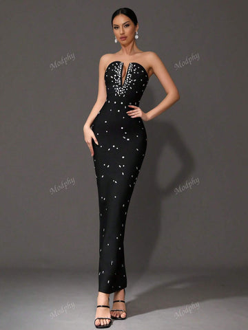 Modphy 2024 New Heavily Embellished Strapless Bandage Long Bodycon Dress, Sexy Backless Party Cocktail Evening Gown For Women