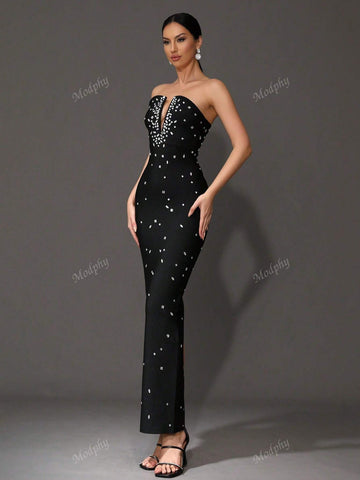 Modphy 2024 New Heavily Embellished Strapless Bandage Long Bodycon Dress, Sexy Backless Party Cocktail Evening Gown For Women