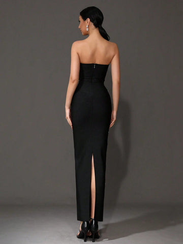 Modphy 2024 New Heavily Embellished Strapless Bandage Long Bodycon Dress, Sexy Backless Party Cocktail Evening Gown For Women