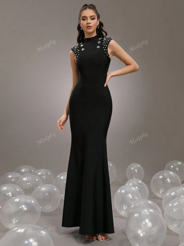 Modphy 2024 New Heavy Embellished Star & Diamond Accented Black Short Sleeve Sexy Mermaid Maxi Bandage Bridesmaid Dress For Women